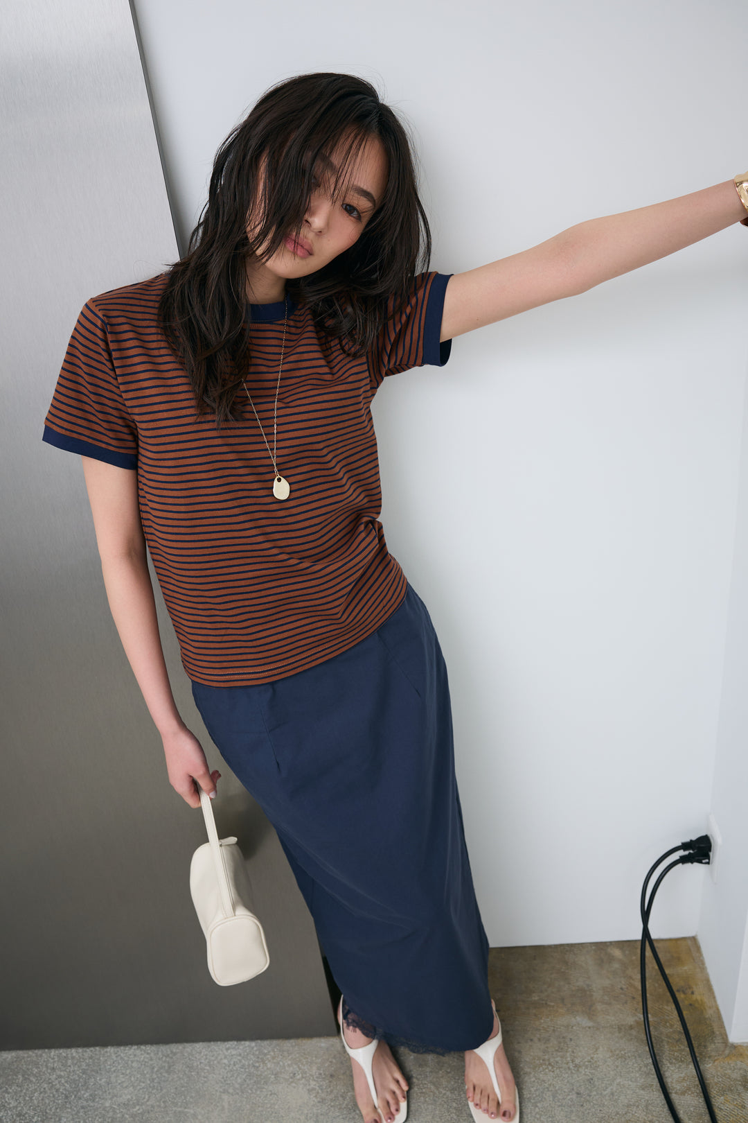 [予約/SET]ボーダーリンガーシャツ+裾レースレイヤードスカート(2set)