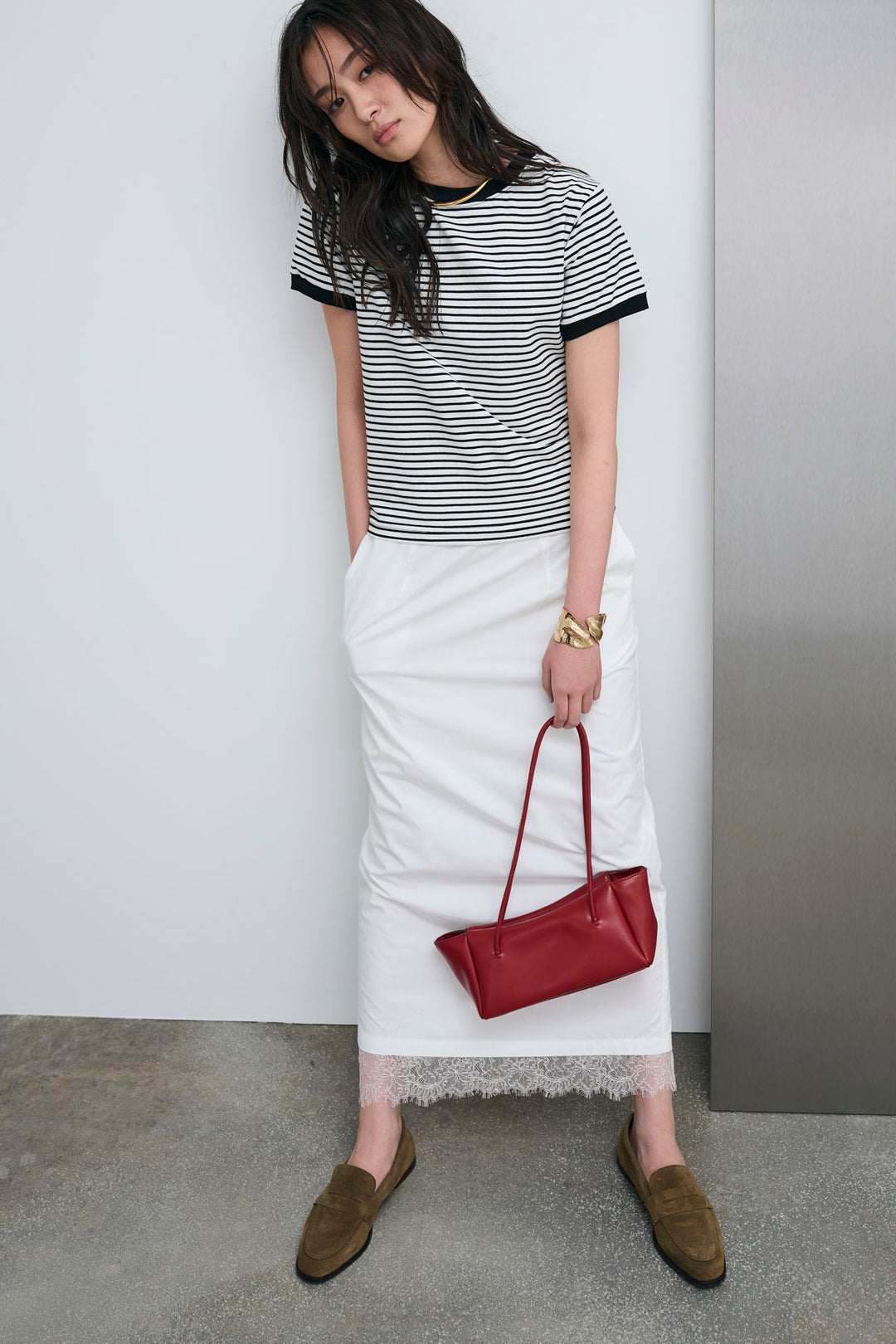 [予約/SET]ボーダーリンガーシャツ+裾レースレイヤードスカート(2set)