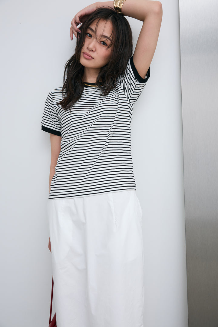 [予約/SET]ボーダーリンガーシャツ+裾レースレイヤードスカート(2set)