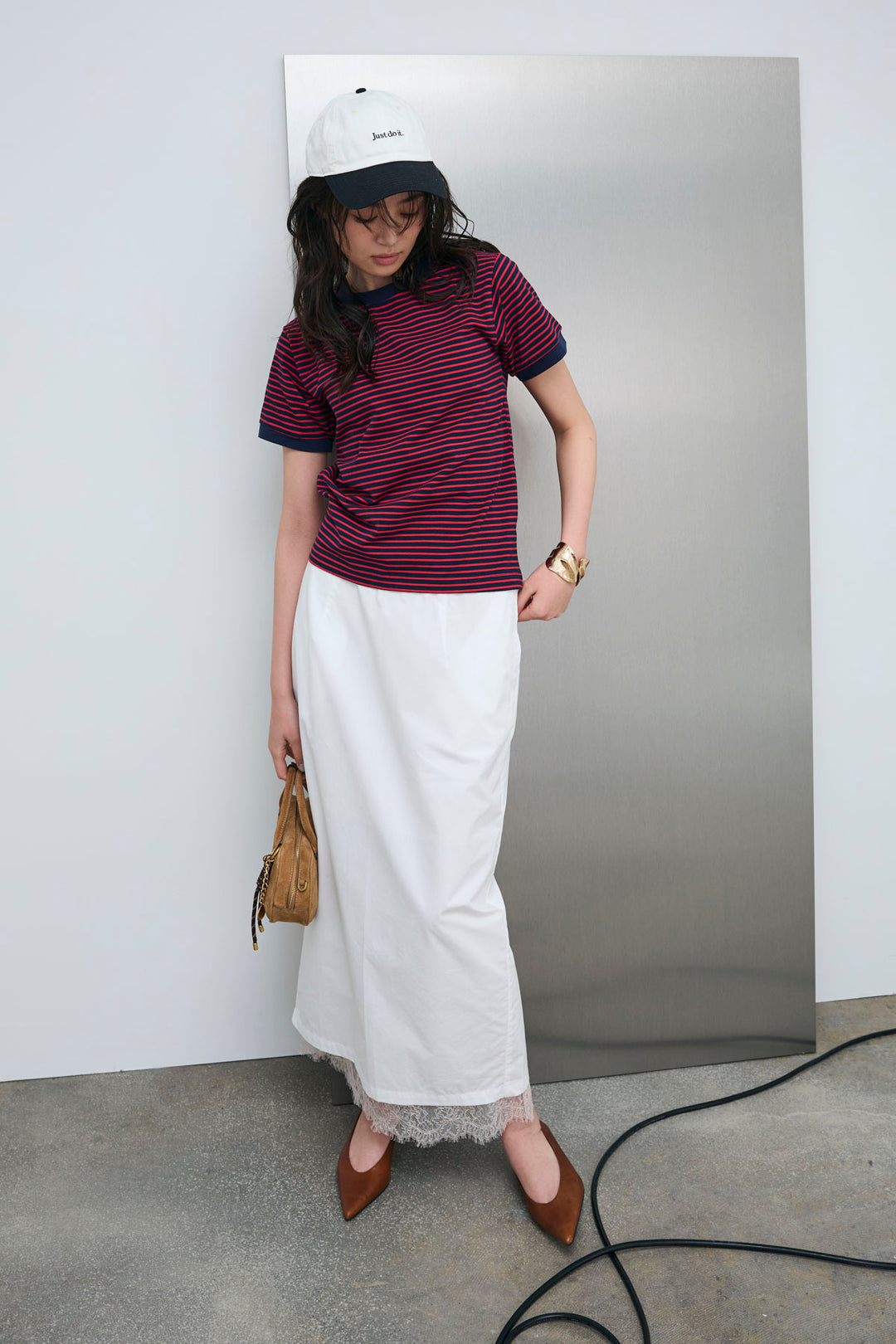 [予約/SET]ボーダーリンガーシャツ+裾レースレイヤードスカート(2set)