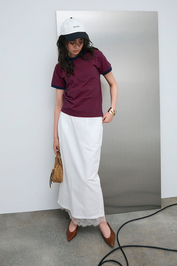 [予約/SET]ボーダーリンガーシャツ+裾レースレイヤードスカート(2set)