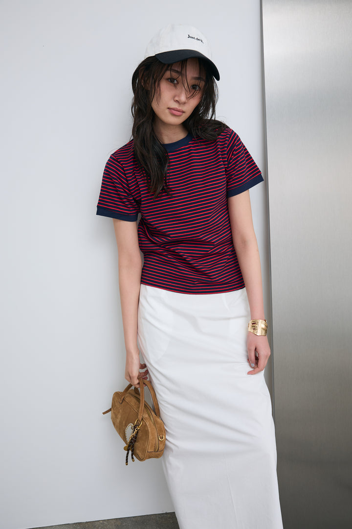 [予約/SET]ボーダーリンガーシャツ+裾レースレイヤードスカート(2set)