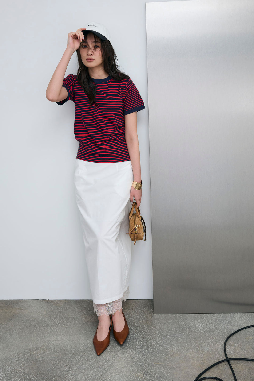 [予約/SET]ボーダーリンガーシャツ+裾レースレイヤードスカート(2set)