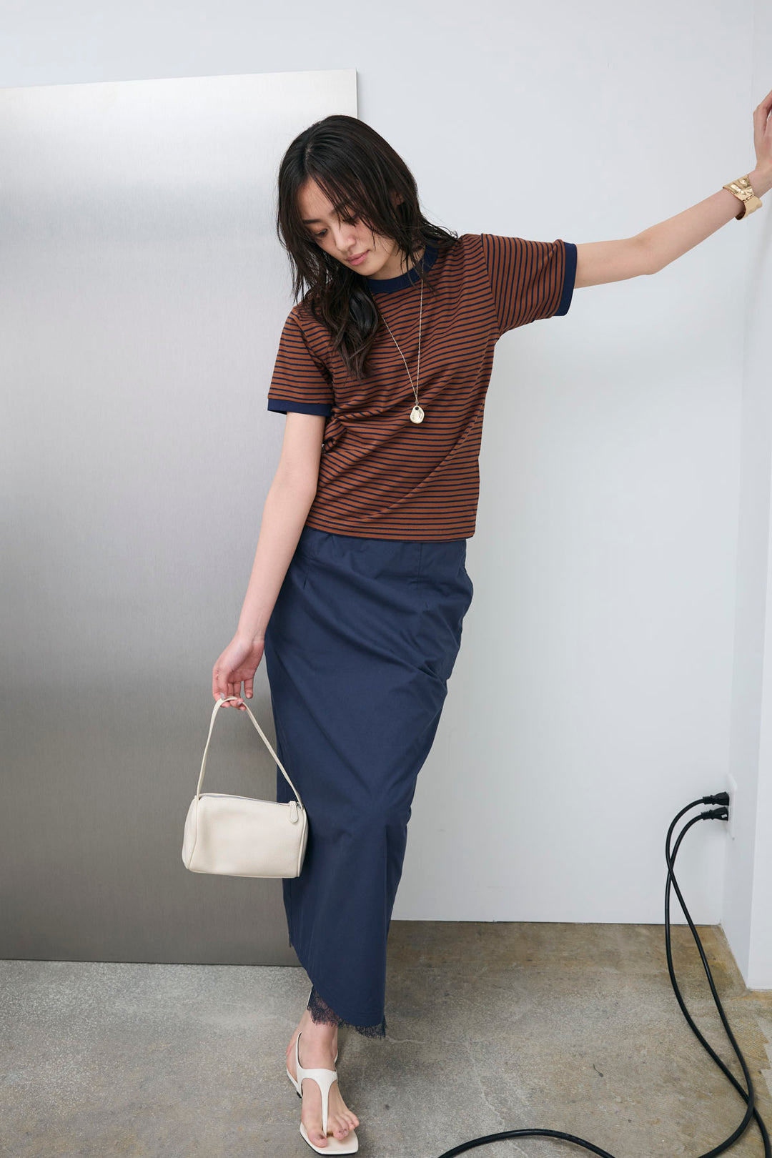 [予約/SET]ボーダーリンガーシャツ+裾レースレイヤードスカート(2set)