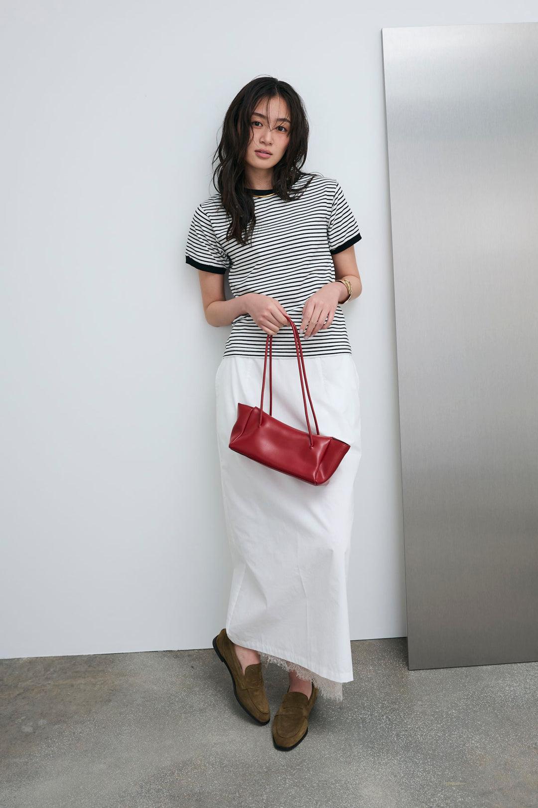 [予約/SET]ボーダーリンガーシャツ+裾レースレイヤードスカート(2set)