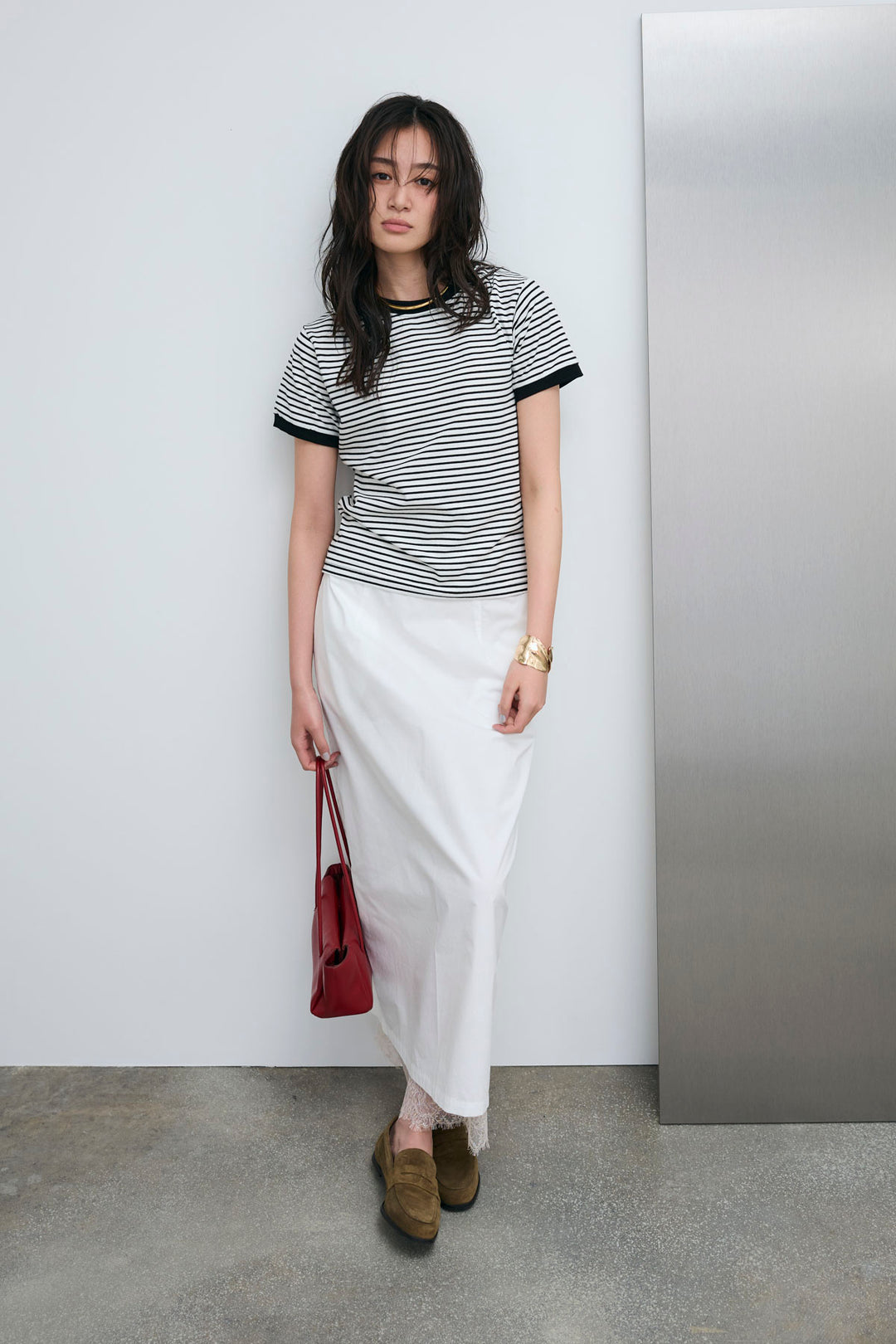 [予約/SET]ボーダーリンガーシャツ+裾レースレイヤードスカート(2set)