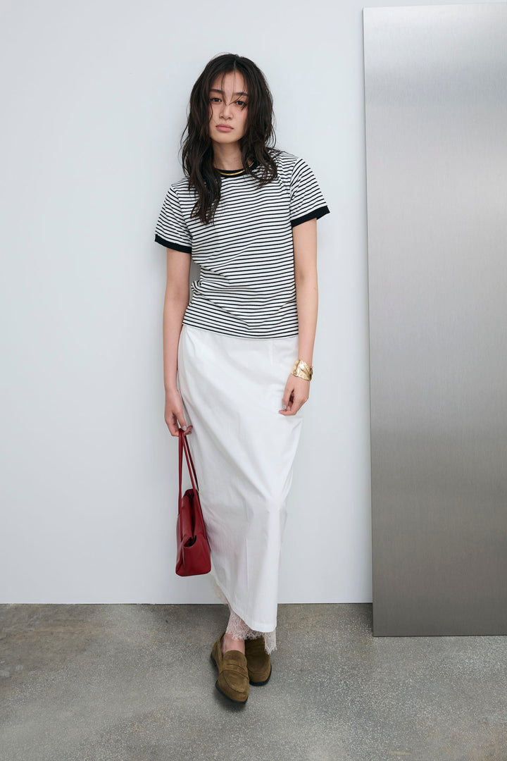 [予約/SET]ボーダーリンガーシャツ+裾レースレイヤードスカート(2set)