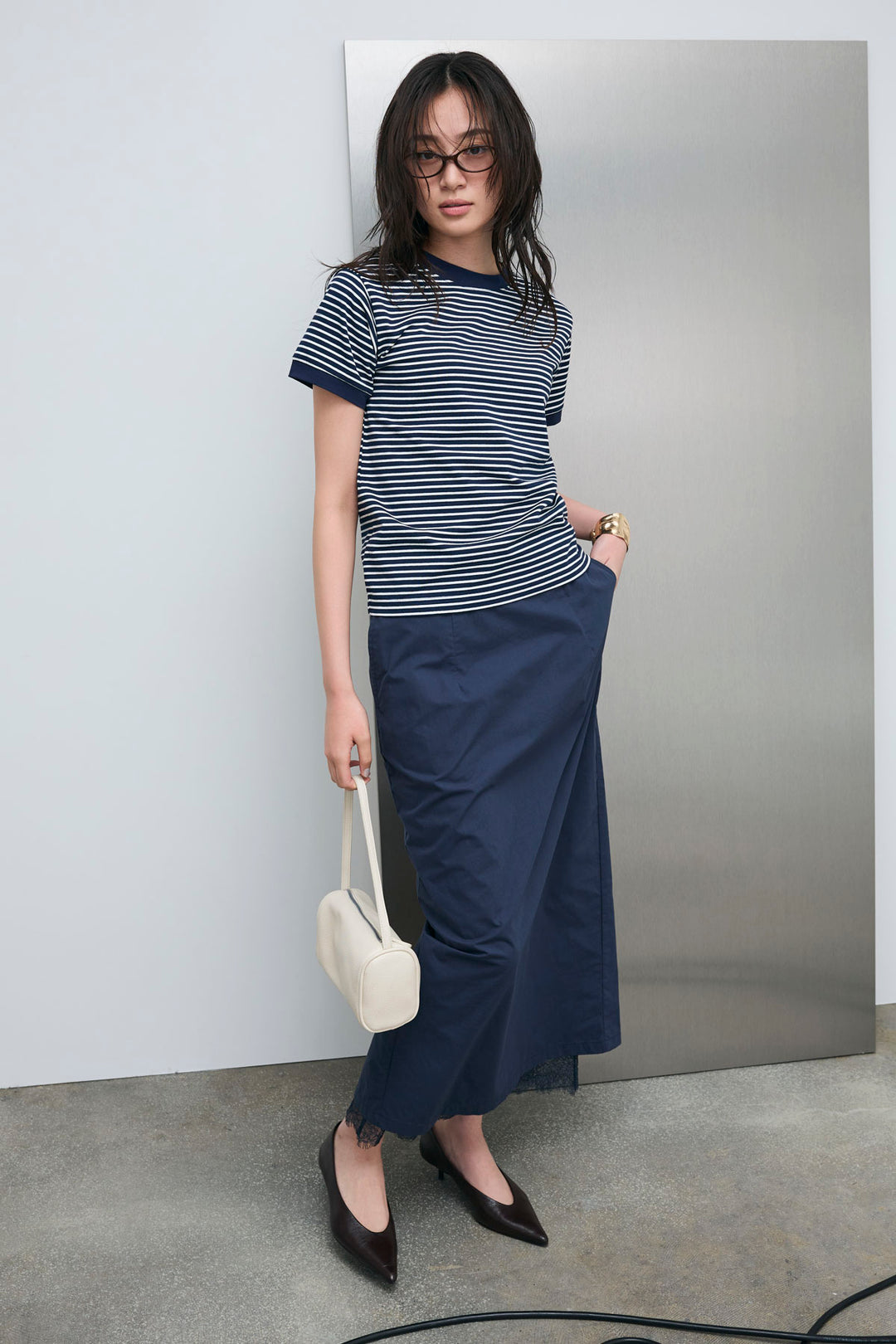 [予約/SET]ボーダーリンガーシャツ+裾レースレイヤードスカート(2set)