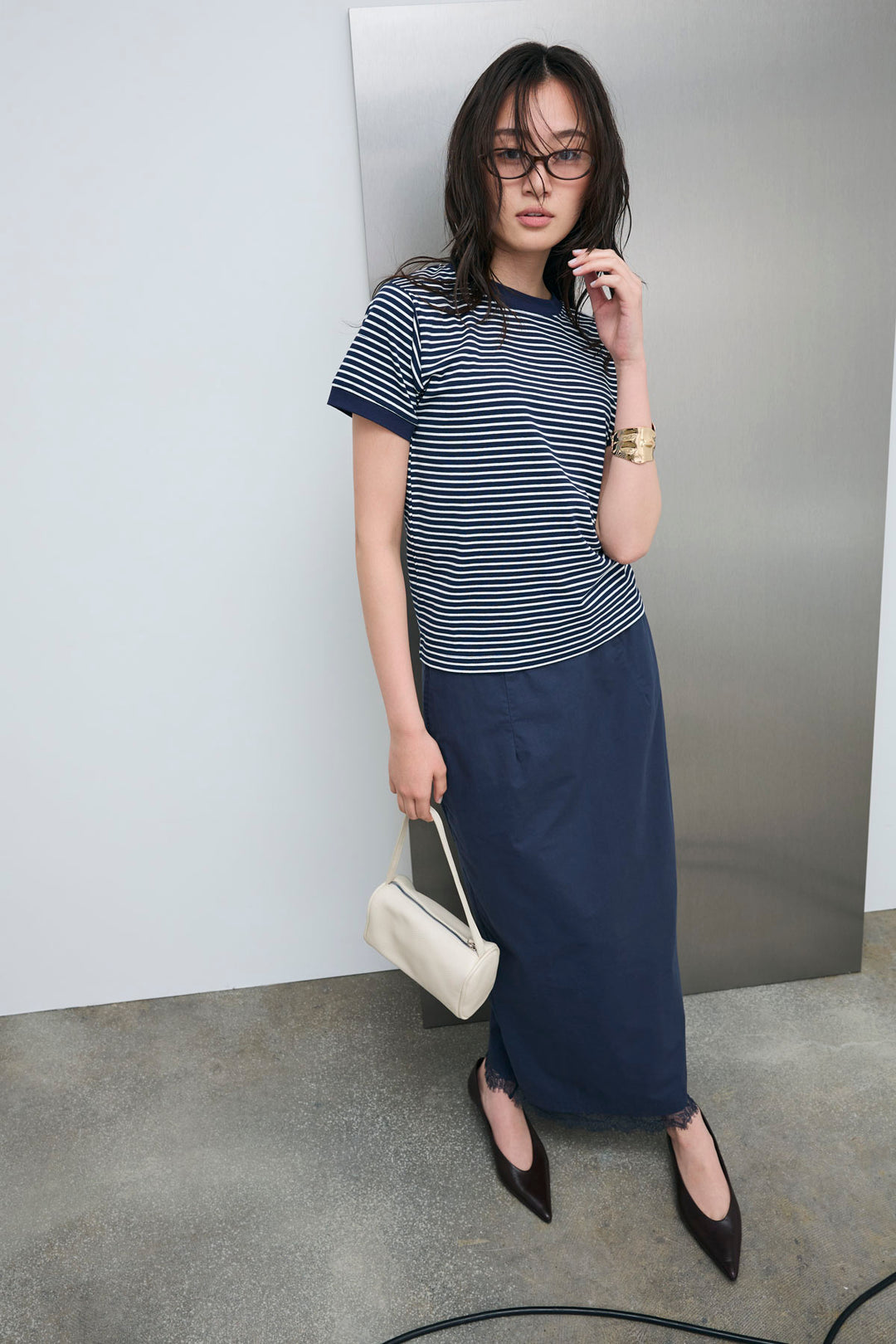 [予約/SET]ボーダーリンガーシャツ+裾レースレイヤードスカート(2set)