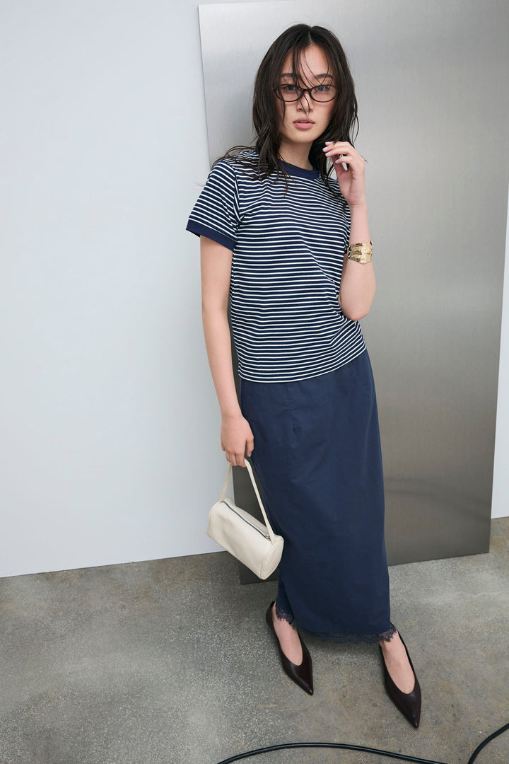 [予約/SET]ボーダーリンガーシャツ+裾レースレイヤードスカート(2set)