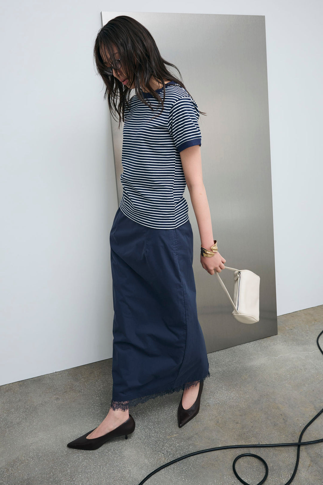 [予約/SET]ボーダーリンガーシャツ+裾レースレイヤードスカート(2set)