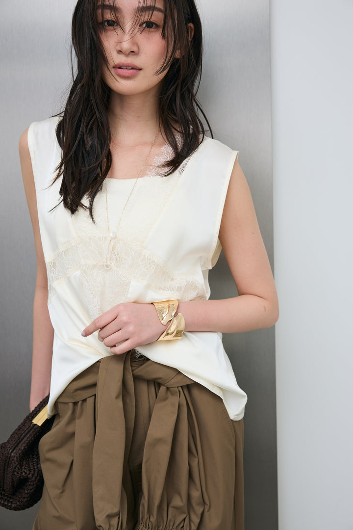 [予約/SET]レース切り替えサテンブラウス+合繊ツイルスタンドウエストラップジョガーPT(2set)