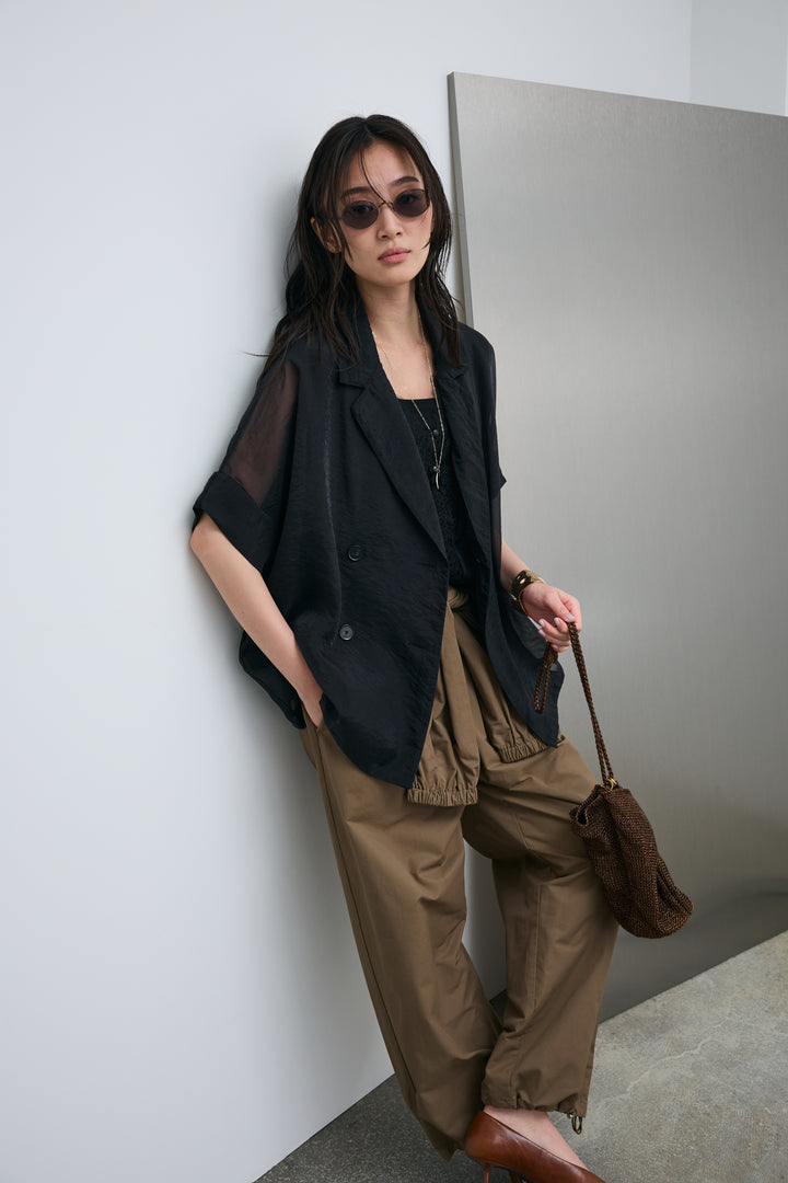 [予約/SET]シアーハーフスリーブジャケット+レース切り替えサテンブラウス+合繊ツイルスタンドウエストラップジョガーPT(3set)