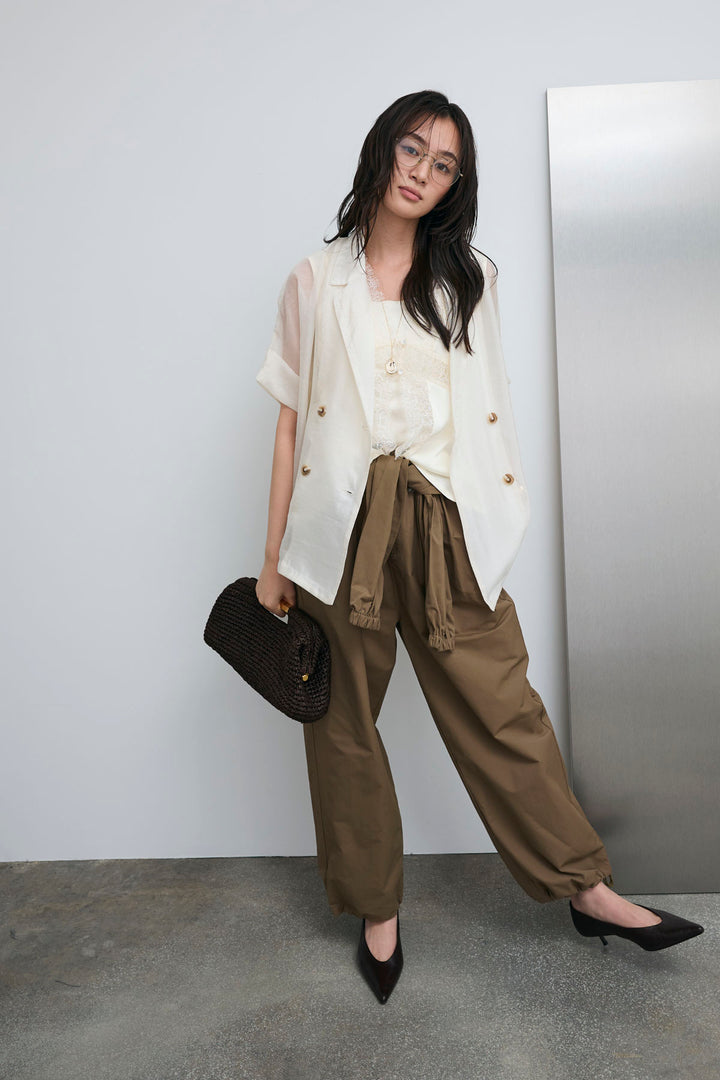 [予約/SET]シアーハーフスリーブジャケット+レース切り替えサテンブラウス+合繊ツイルスタンドウエストラップジョガーPT(3set)