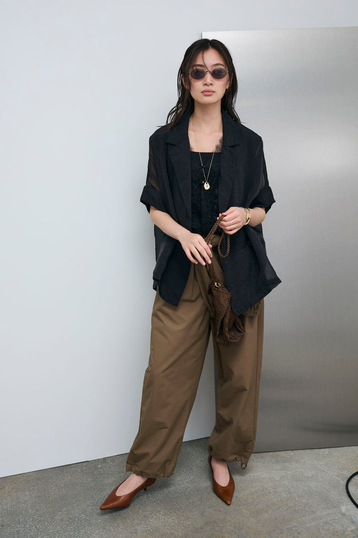 [予約/SET]シアーハーフスリーブジャケット+レース切り替えサテンブラウス+合繊ツイルスタンドウエストラップジョガーPT(3set)