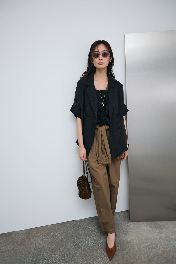 [予約/SET]シアーハーフスリーブジャケット+レース切り替えサテンブラウス+合繊ツイルスタンドウエストラップジョガーPT(3set)