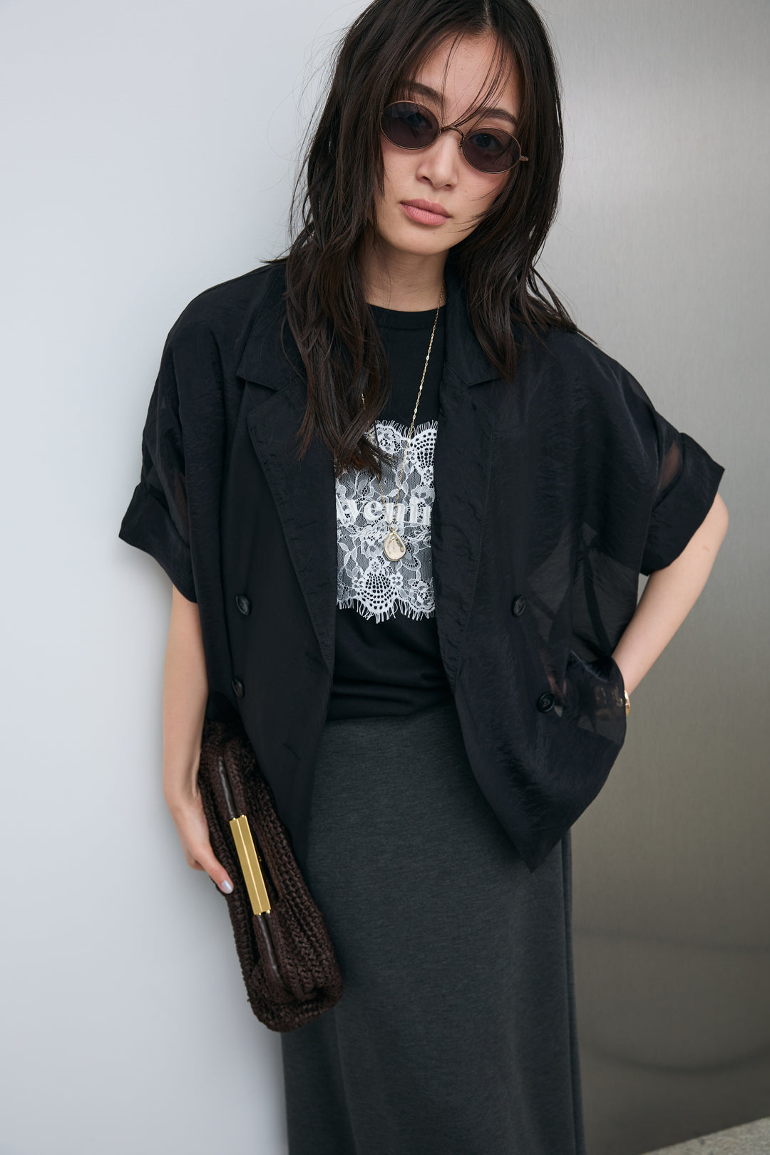 [予約/SET]シアーハーフスリーブジャケット+cooltouchレースロゴ刺繍Tシャツ+ダブルフェイスジャージースカート(3set)