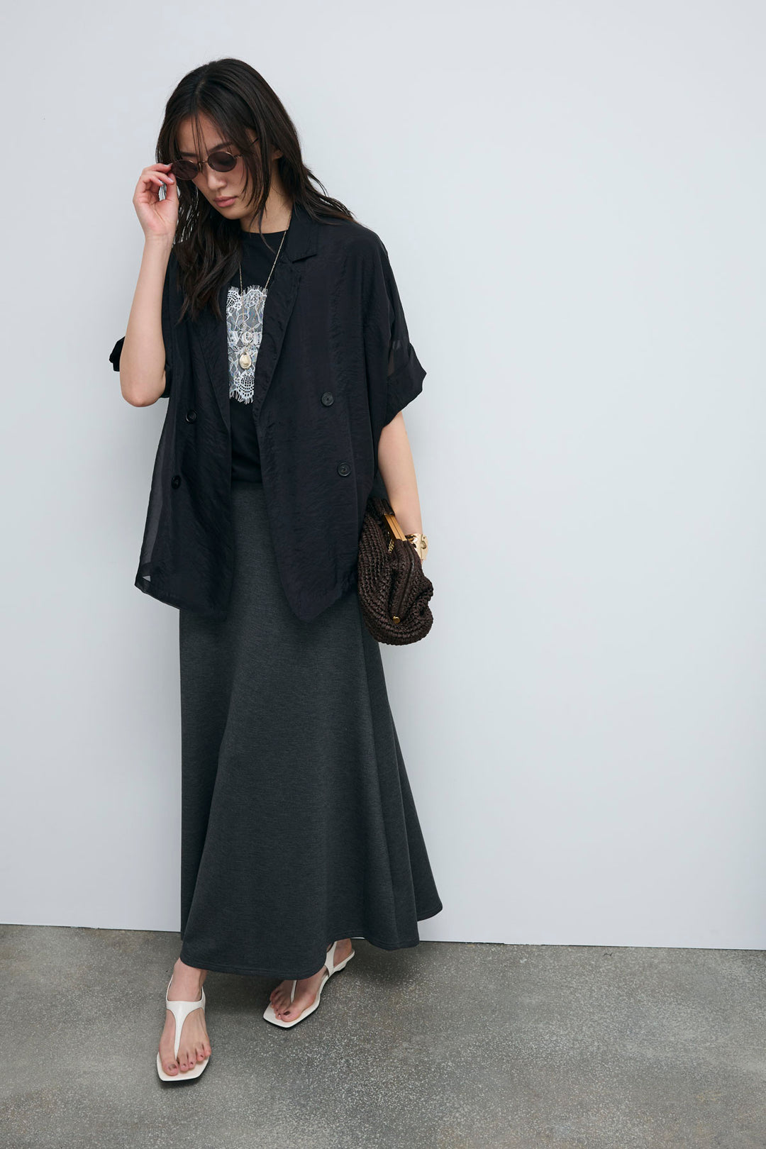 [予約/SET]シアーハーフスリーブジャケット+cooltouchレースロゴ刺繍Tシャツ+ダブルフェイスジャージースカート(3set)