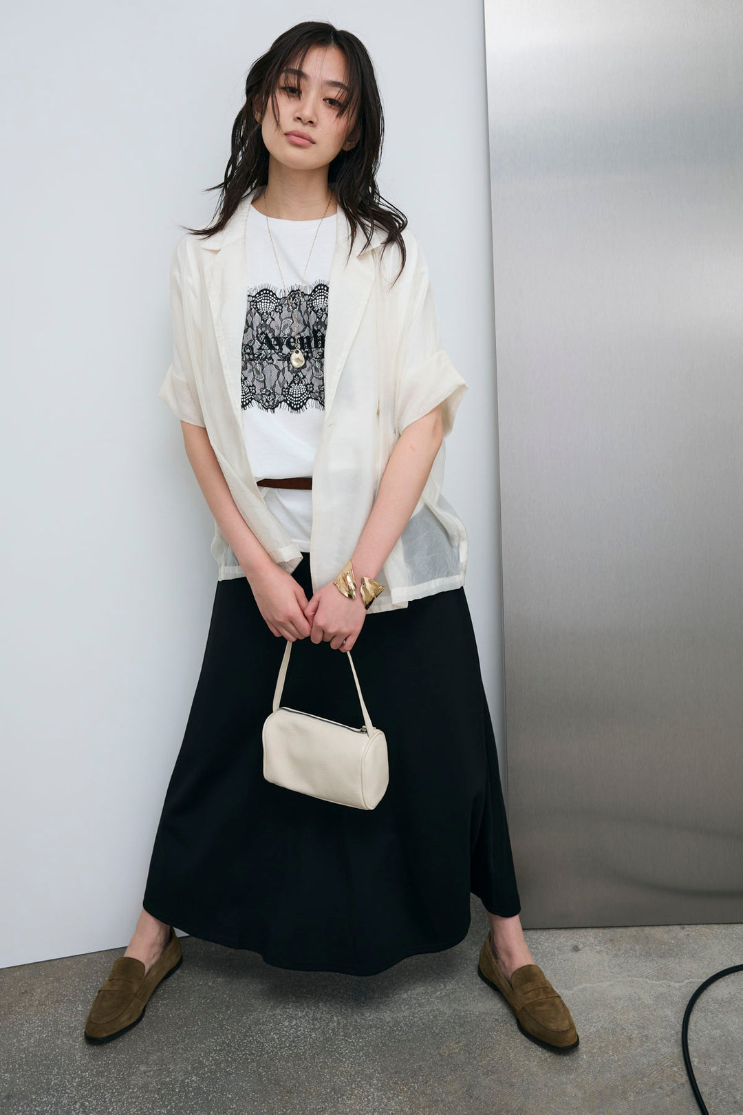 [予約/SET]シアーハーフスリーブジャケット+cooltouchレースロゴ刺繍Tシャツ+ダブルフェイスジャージースカート(3set)