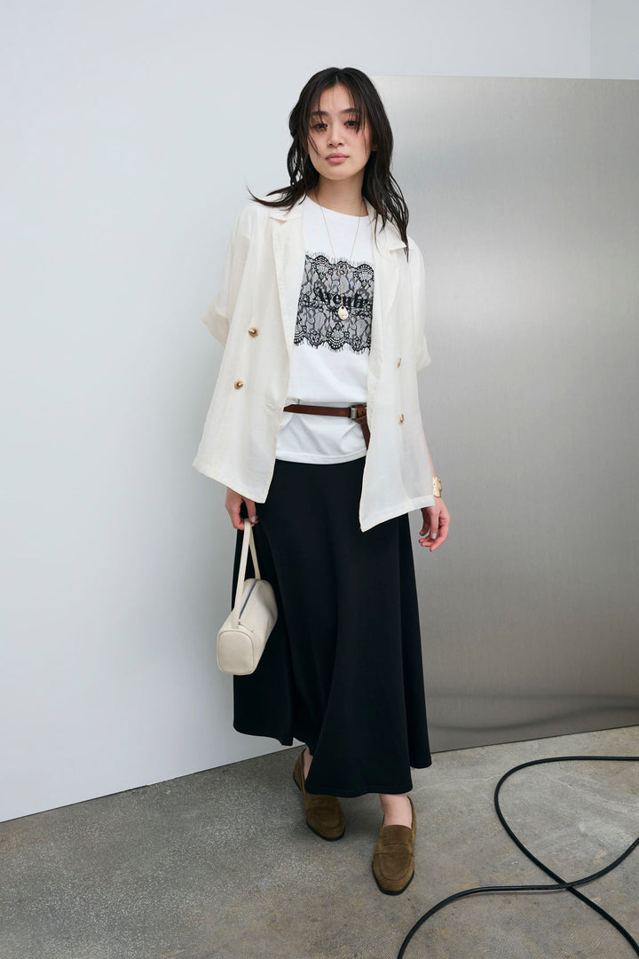 [予約/SET]シアーハーフスリーブジャケット+cooltouchレースロゴ刺繍Tシャツ+ダブルフェイスジャージースカート(3set)