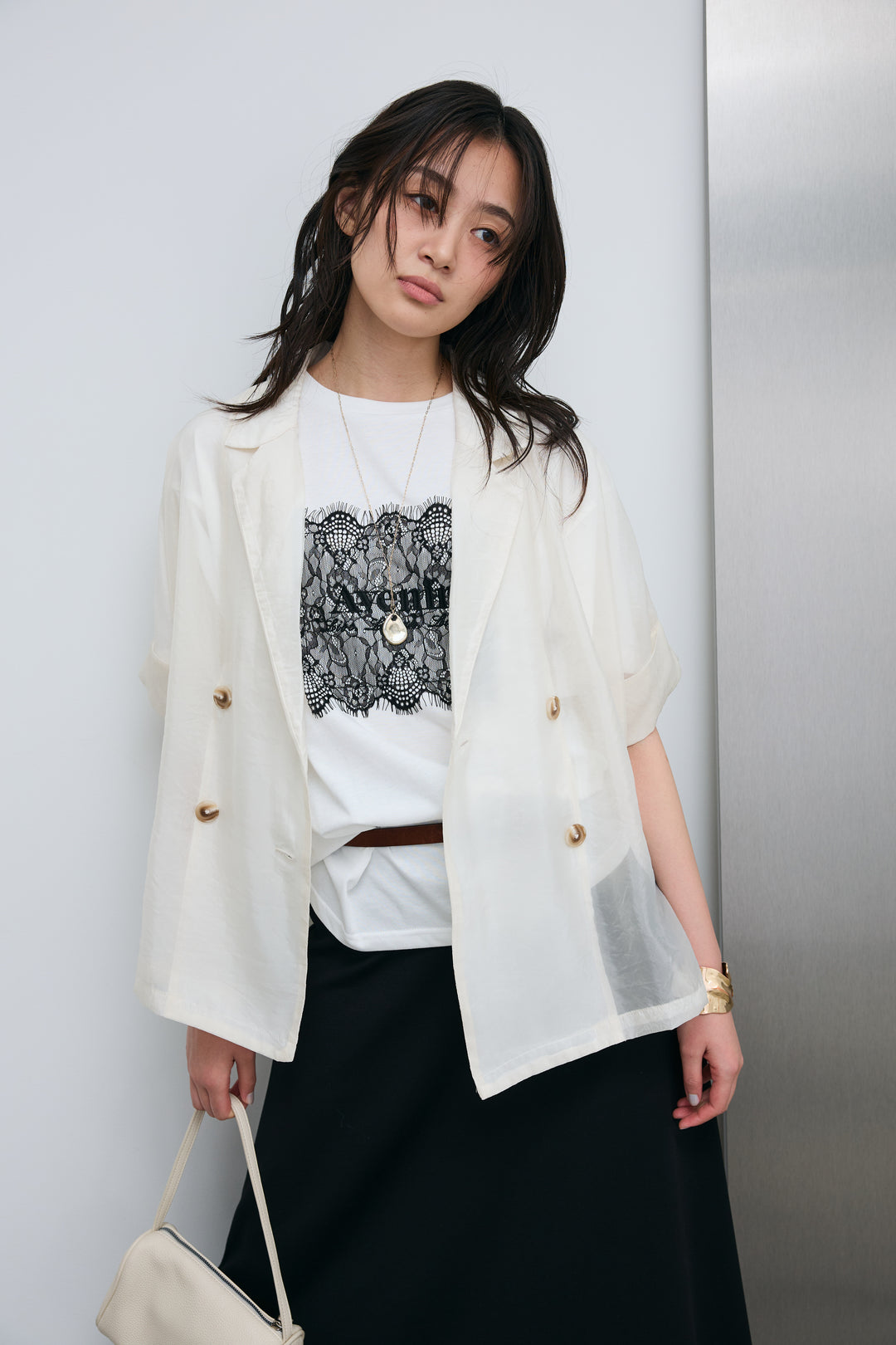 [予約/SET]シアーハーフスリーブジャケット+cooltouchレースロゴ刺繍Tシャツ+ダブルフェイスジャージースカート(3set)