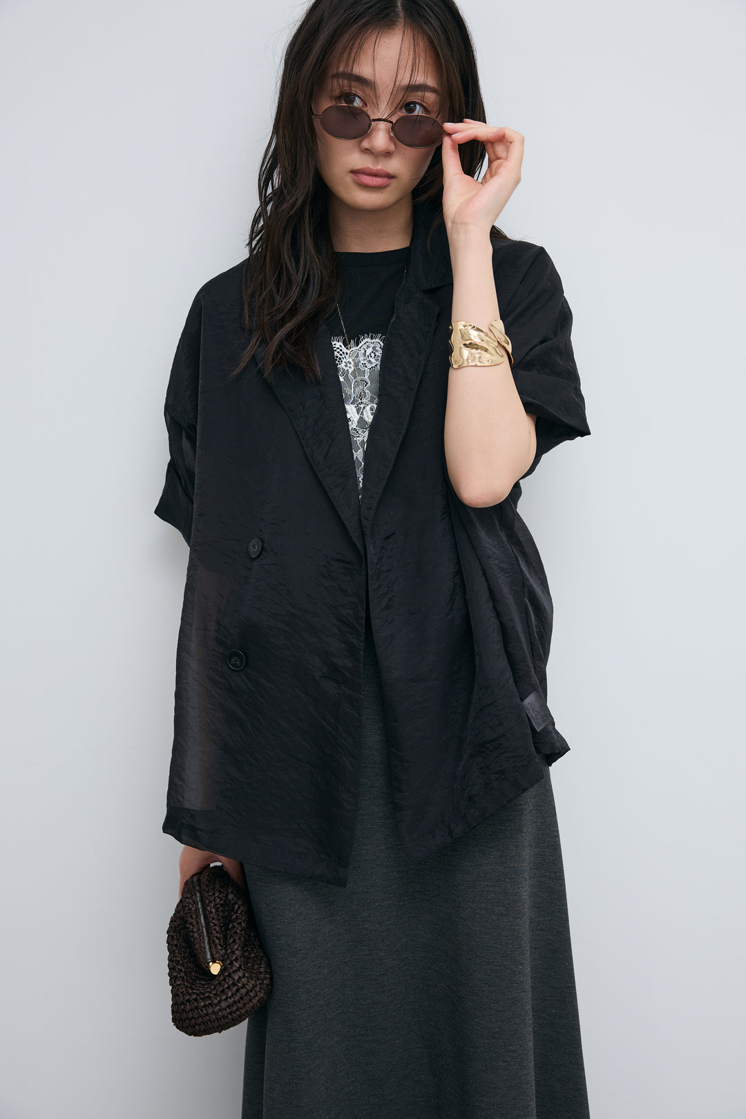 [予約/SET]シアーハーフスリーブジャケット+cooltouchレースロゴ刺繍Tシャツ+ダブルフェイスジャージースカート(3set)