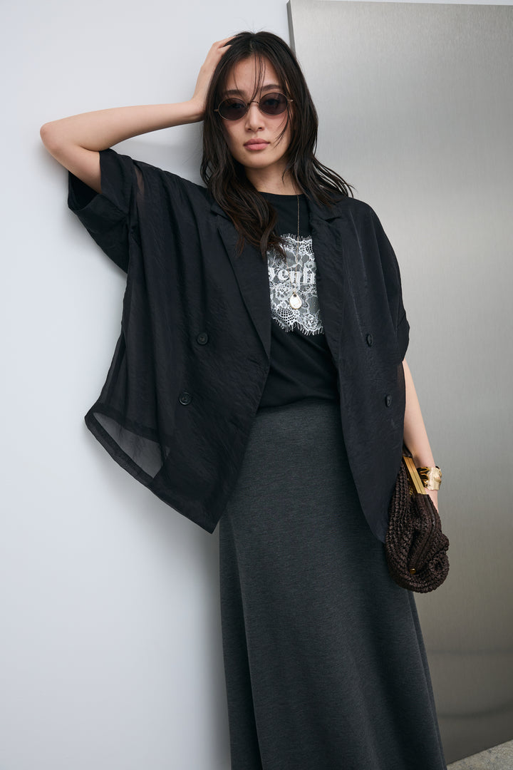 [予約/SET]シアーハーフスリーブジャケット+cooltouchレースロゴ刺繍Tシャツ+ダブルフェイスジャージースカート(3set)