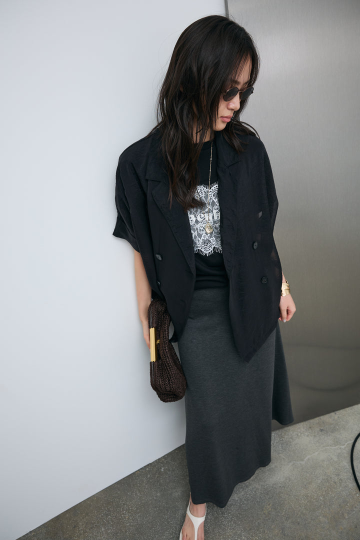 [予約/SET]シアーハーフスリーブジャケット+cooltouchレースロゴ刺繍Tシャツ+ダブルフェイスジャージースカート(3set)