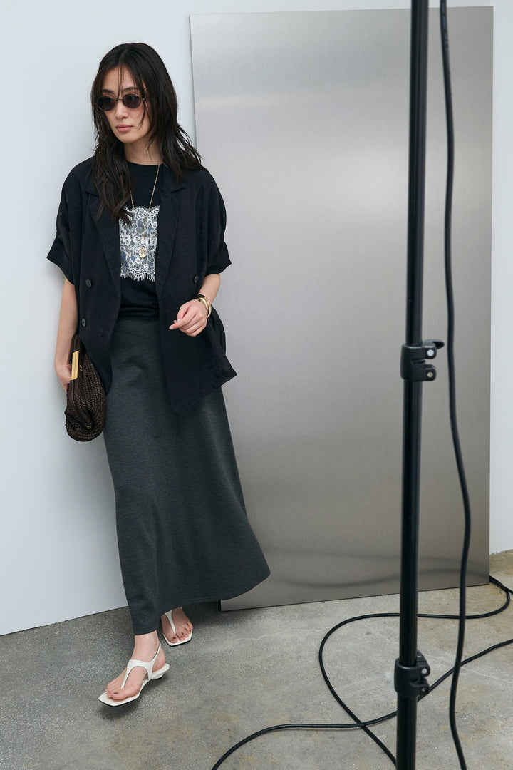 [予約/SET]シアーハーフスリーブジャケット+cooltouchレースロゴ刺繍Tシャツ+ダブルフェイスジャージースカート(3set)