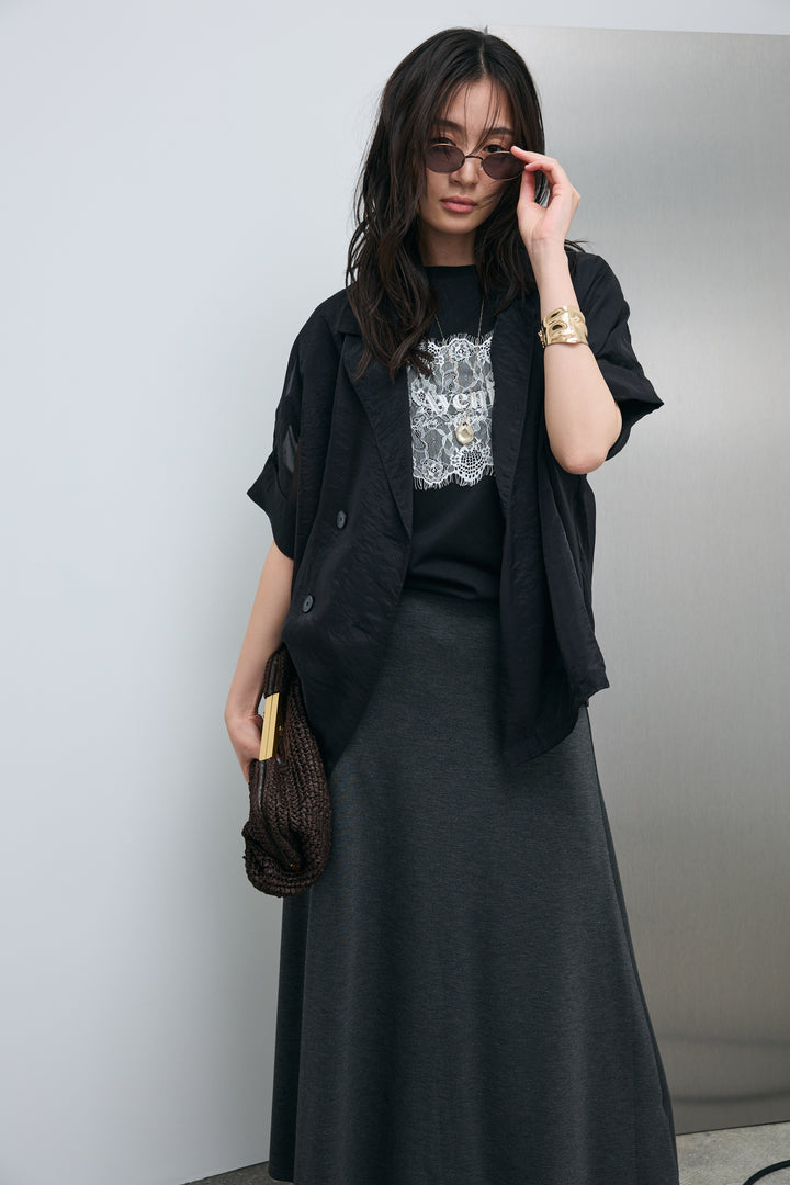 [予約/SET]シアーハーフスリーブジャケット+cooltouchレースロゴ刺繍Tシャツ+ダブルフェイスジャージースカート(3set)