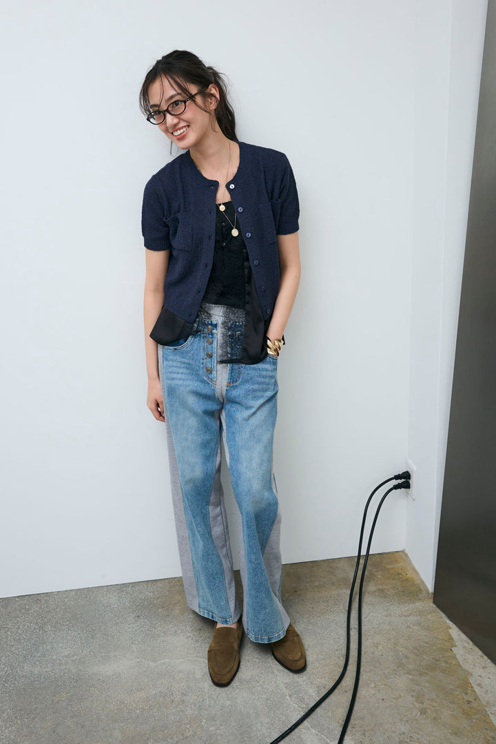 [予約/SET]フロントポケットハーフスリーブカーディガン+レース切り替えサテンブラウス+スウェット切り替えデニムパンツ(3set)