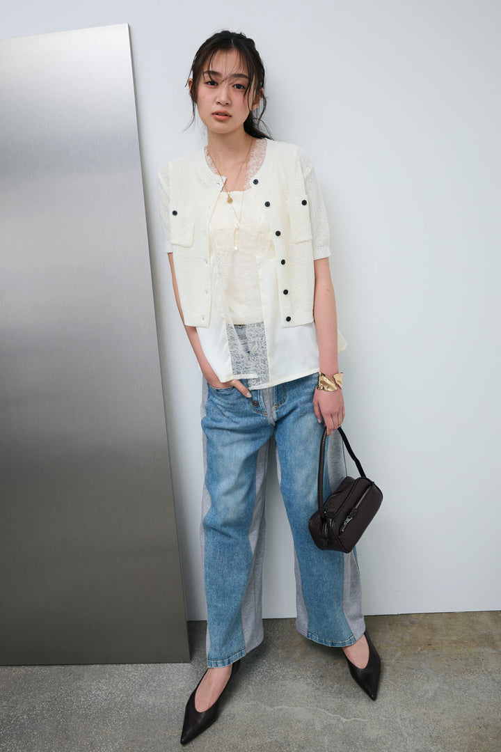 [予約/SET]フロントポケットハーフスリーブカーディガン+レース切り替えサテンブラウス+スウェット切り替えデニムパンツ(3set)