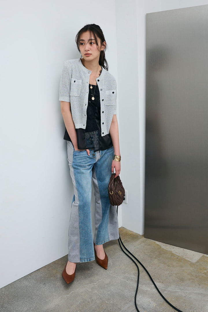 [予約/SET]フロントポケットハーフスリーブカーディガン+レース切り替えサテンブラウス+スウェット切り替えデニムパンツ(3set)