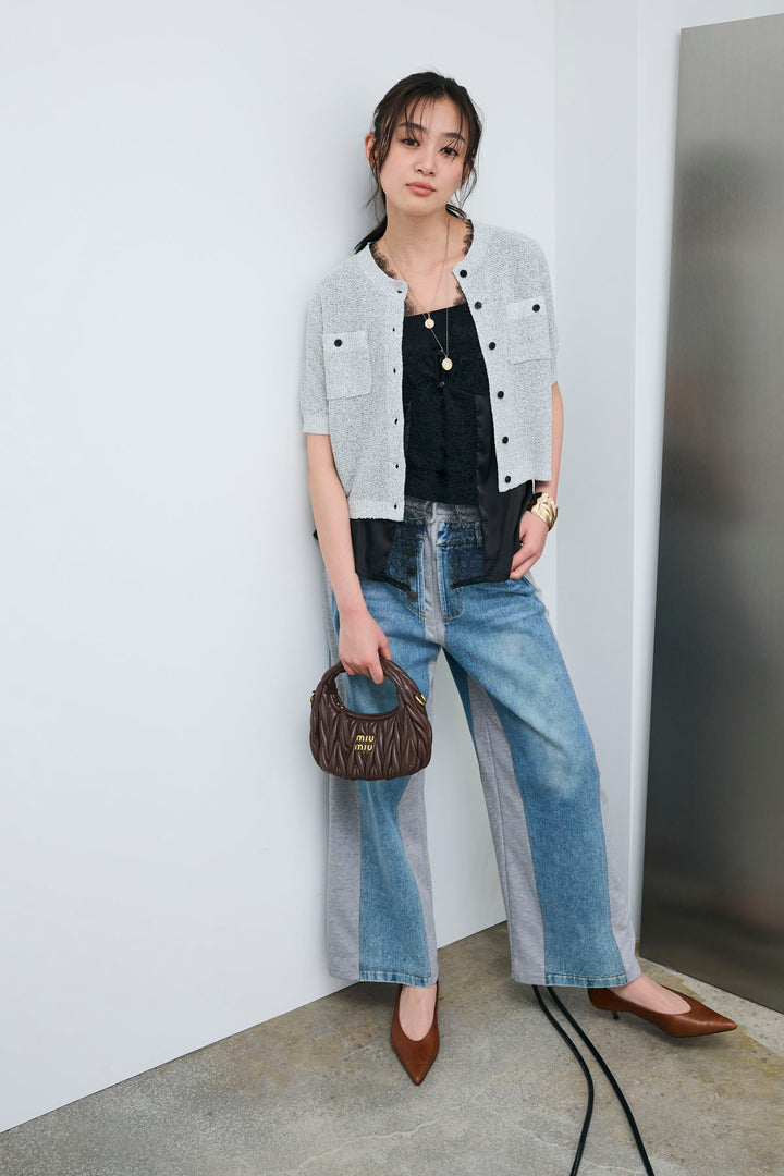 [予約/SET]フロントポケットハーフスリーブカーディガン+レース切り替えサテンブラウス+スウェット切り替えデニムパンツ(3set)