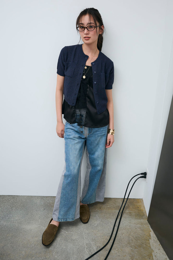 [予約/SET]フロントポケットハーフスリーブカーディガン+レース切り替えサテンブラウス+スウェット切り替えデニムパンツ(3set)