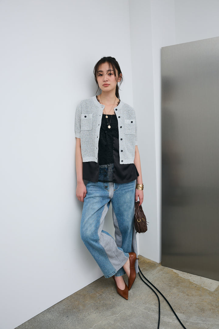 [予約/SET]フロントポケットハーフスリーブカーディガン+レース切り替えサテンブラウス+スウェット切り替えデニムパンツ(3set)