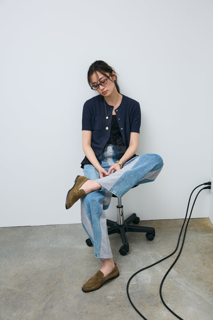 [予約/SET]フロントポケットハーフスリーブカーディガン+レース切り替えサテンブラウス+スウェット切り替えデニムパンツ(3set)