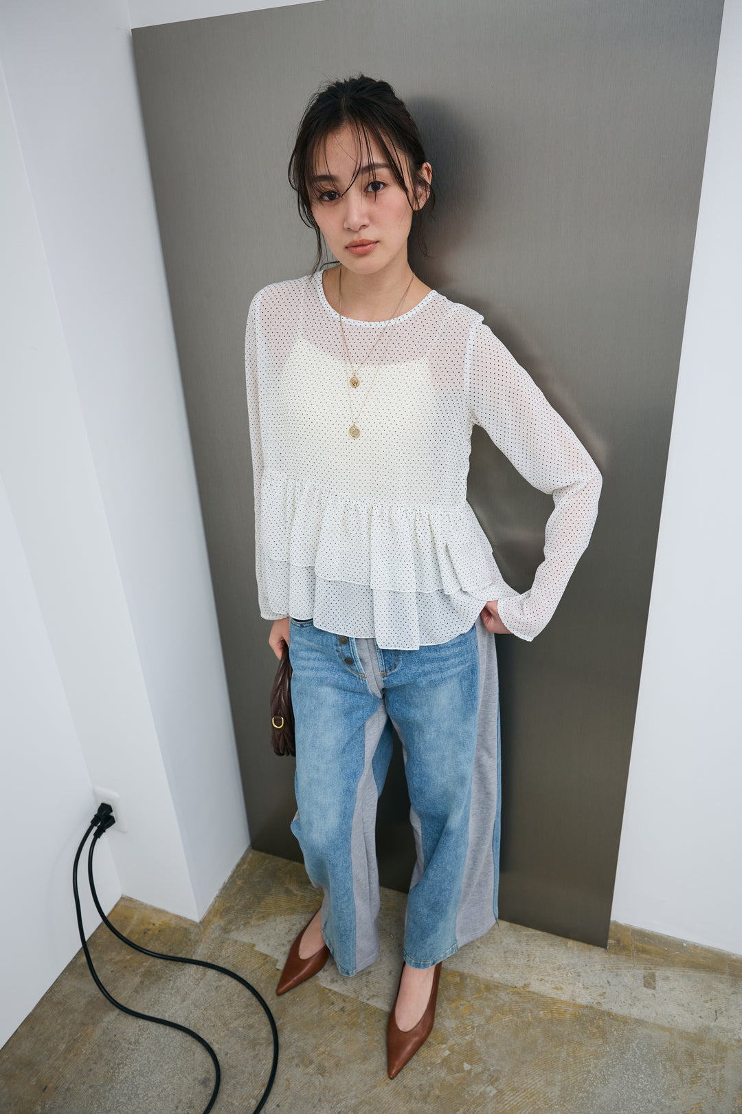 [予約/SET]シアードットブラウス+スウェット切り替えデニムパンツ(2set)