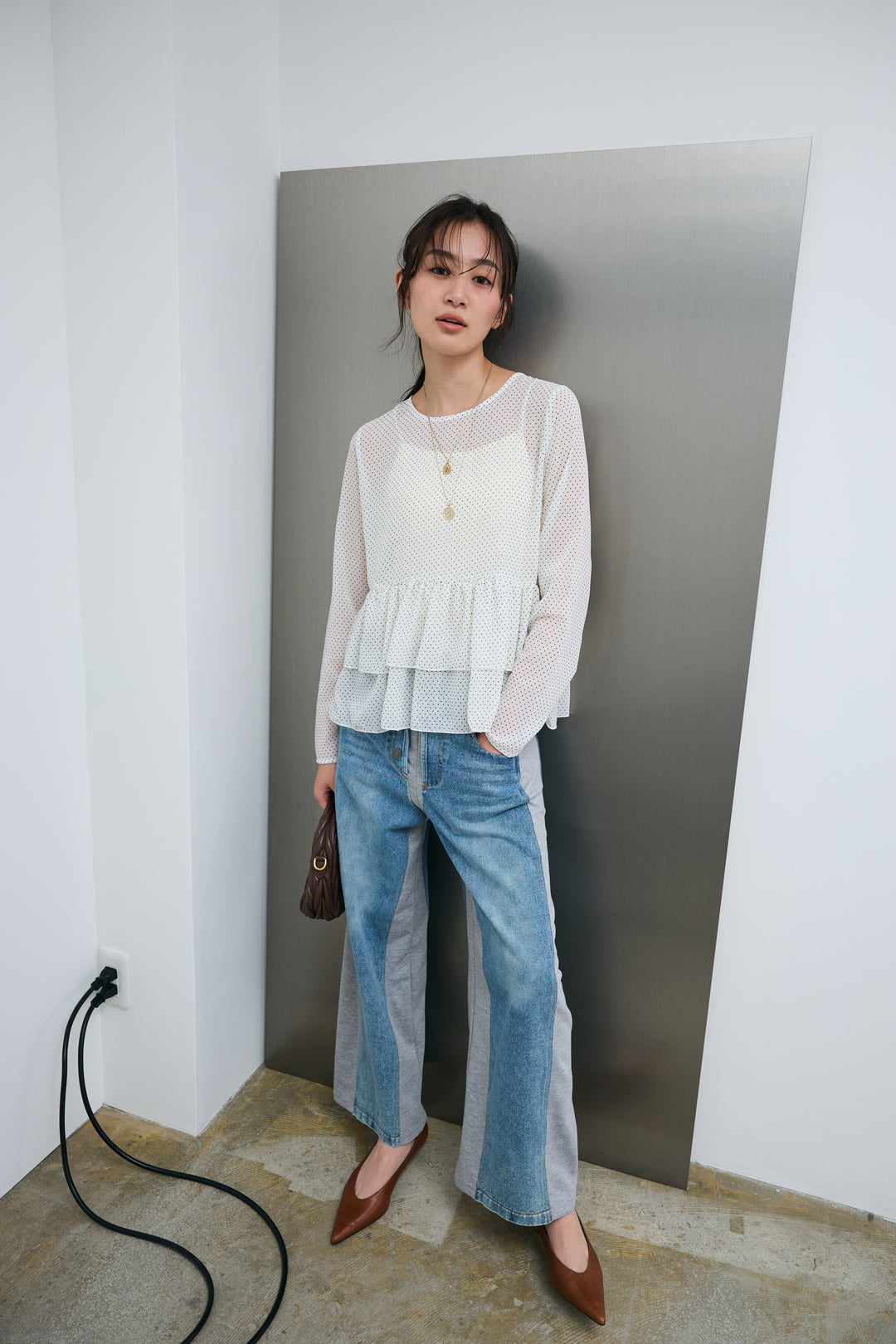 [予約/SET]シアードットブラウス+スウェット切り替えデニムパンツ(2set)