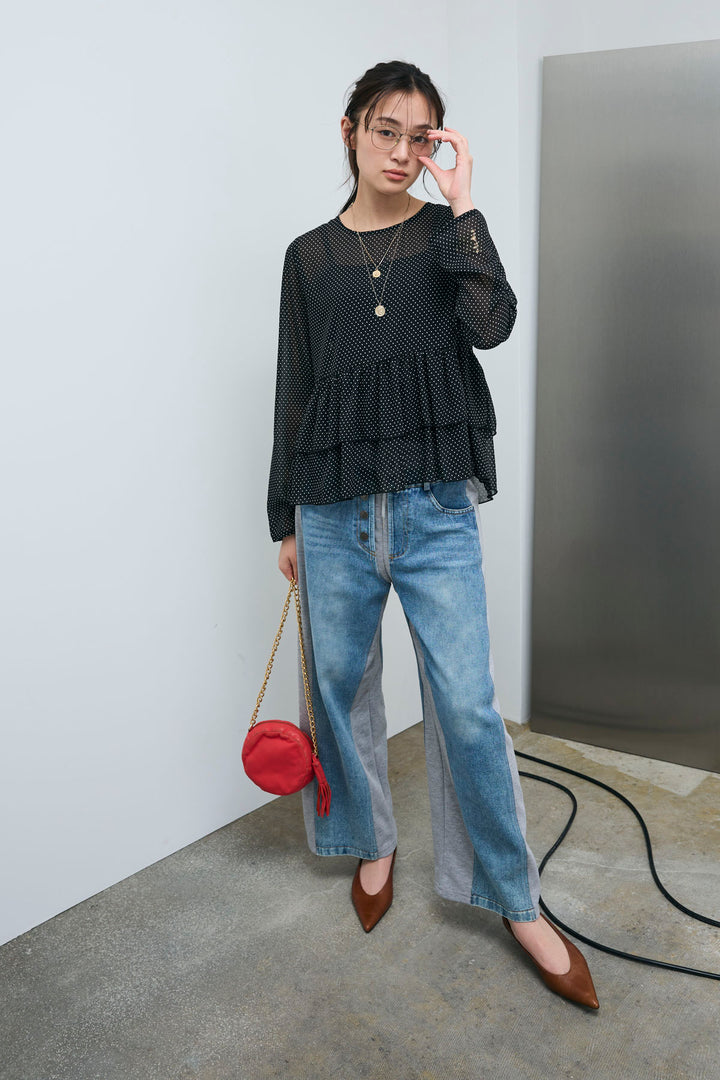 [予約/SET]シアードットブラウス+スウェット切り替えデニムパンツ(2set)