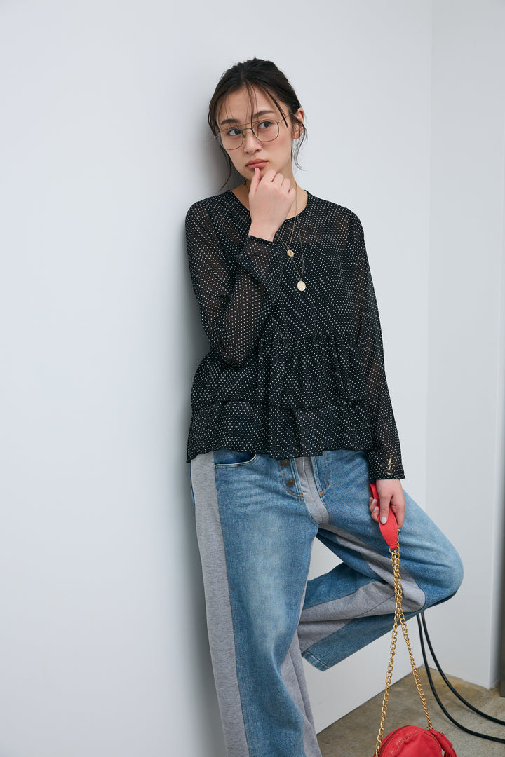 [予約/SET]シアードットブラウス+スウェット切り替えデニムパンツ(2set)