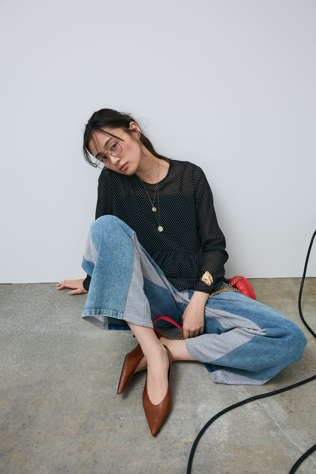 [予約/SET]シアードットブラウス+スウェット切り替えデニムパンツ(2set)