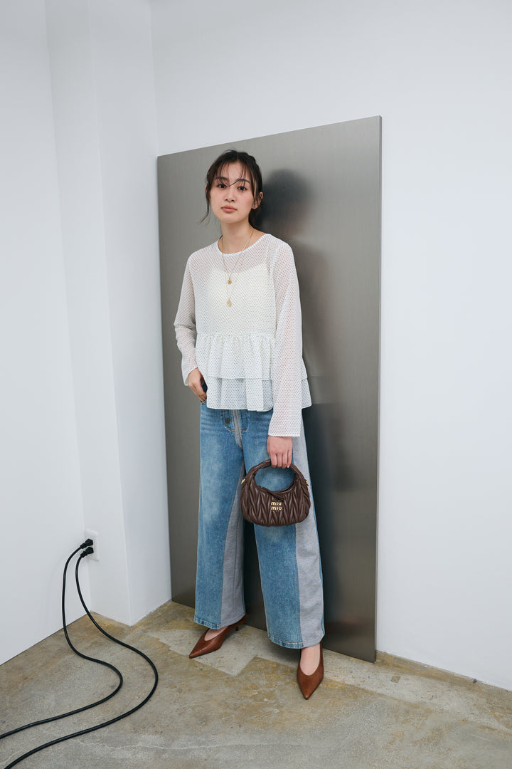 [予約/SET]シアードットブラウス+スウェット切り替えデニムパンツ(2set)