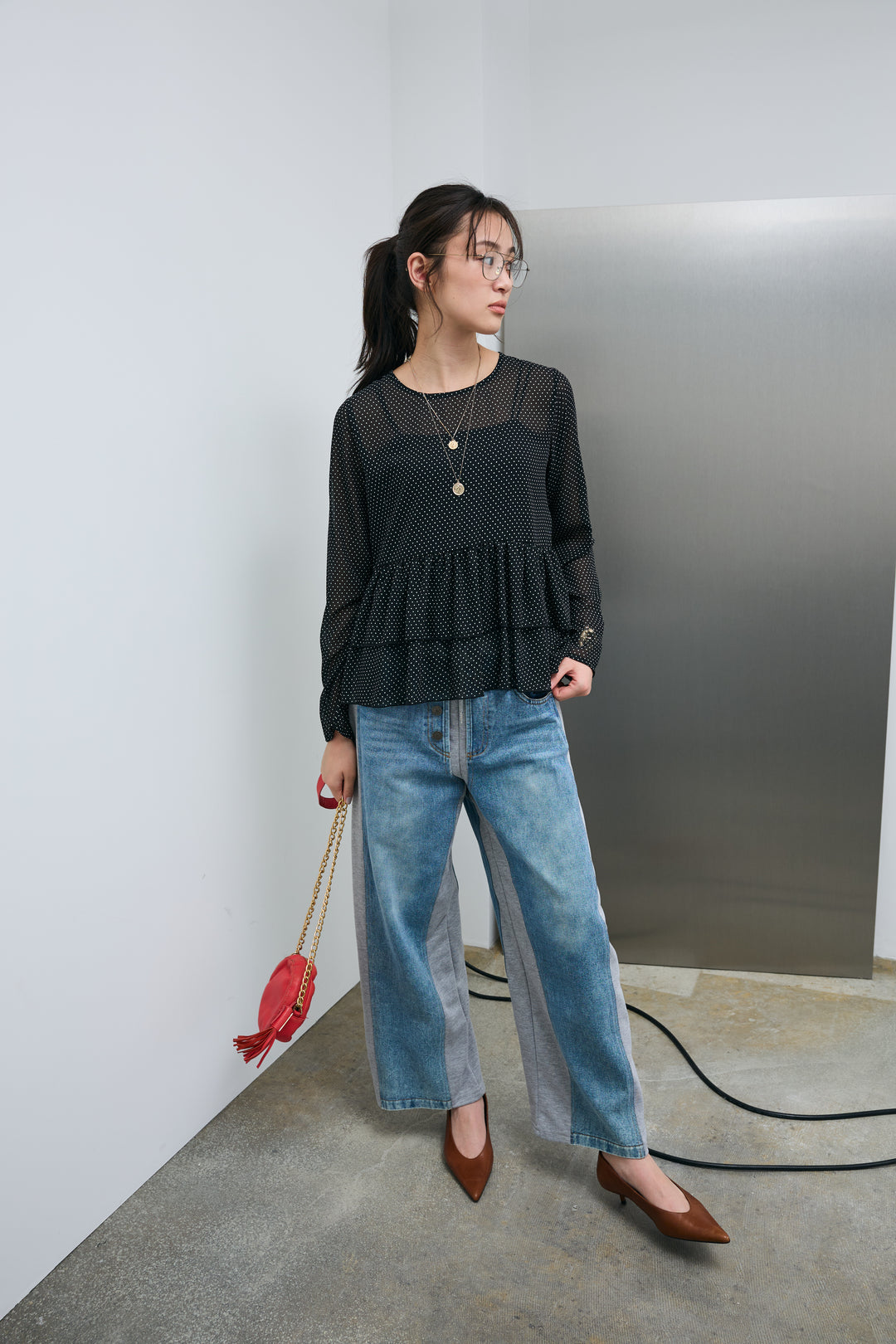 [予約/SET]シアードットブラウス+スウェット切り替えデニムパンツ(2set)