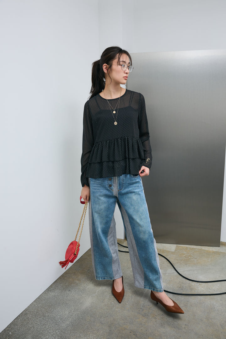 [予約/SET]シアードットブラウス+スウェット切り替えデニムパンツ(2set)
