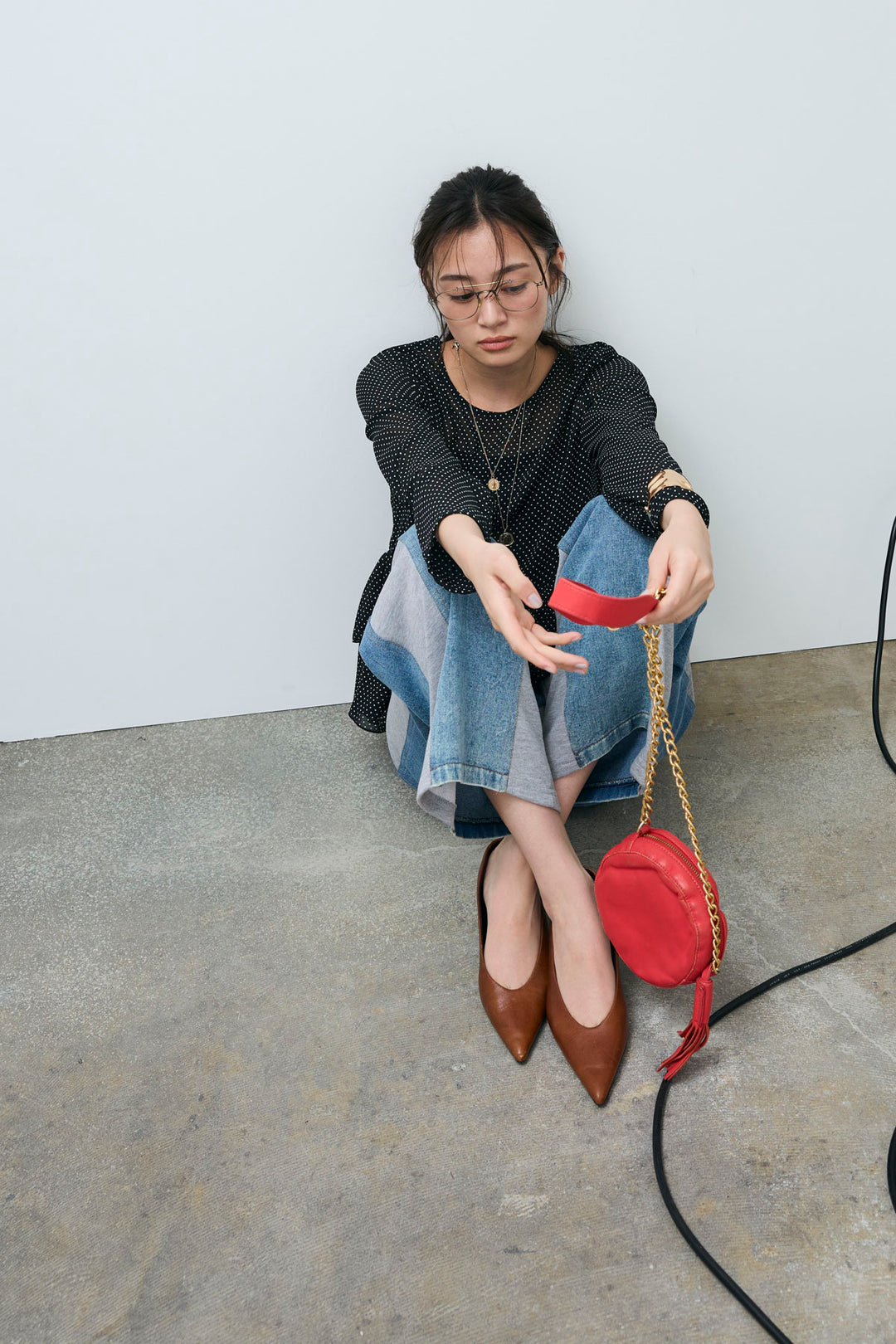 [予約/SET]シアードットブラウス+スウェット切り替えデニムパンツ(2set)