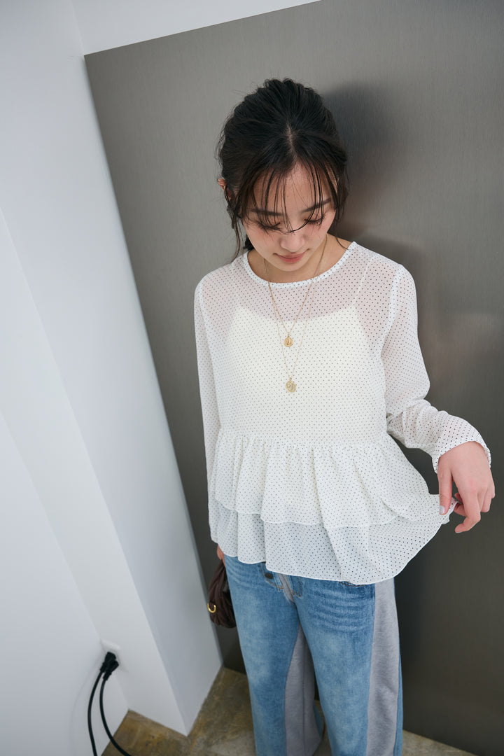 [予約/SET]シアードットブラウス+スウェット切り替えデニムパンツ(2set)