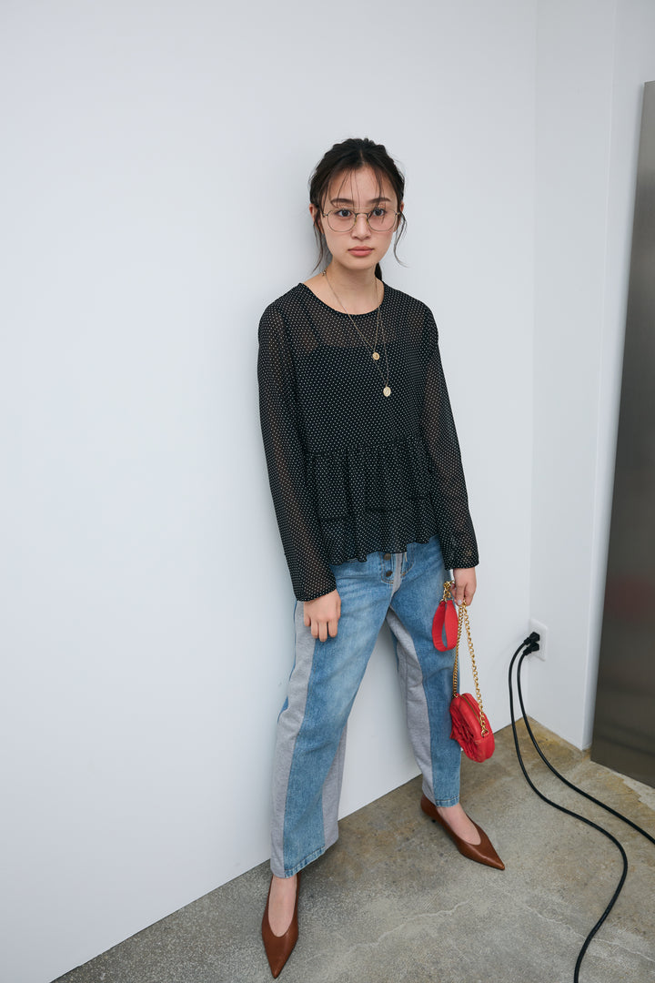 [予約/SET]シアードットブラウス+スウェット切り替えデニムパンツ(2set)