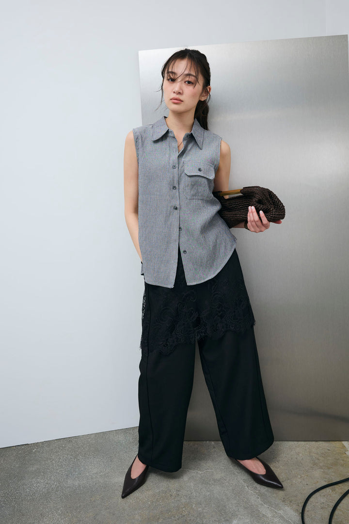 [予約/SET]ポケットノースリーブシャツ+レースドッキングツイルパンツ(2set)