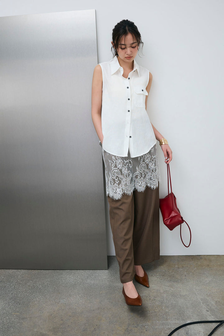 [予約/SET]ポケットノースリーブシャツ+レースドッキングツイルパンツ(2set)